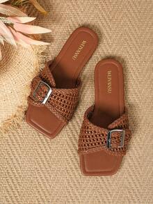 2026 New Vacation Style Bohemian Hollow Artificial Woven Breathable Buckle Mule Women's Sandals, Flat Casual Comfortable Elegant Clog Shoes, Lightweight, Breathable, Suitable For Daily Casual, Shopping, Beach, Office And Other Occasions - Brown - View 6
