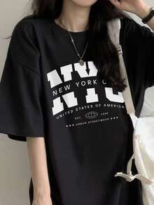 Women's Casual NYC Letter Graphic T-Shirt, Black Round Neck Short Sleeve Drop Shoulder Knit T-Shirt Streetwear Style - Black - View 7