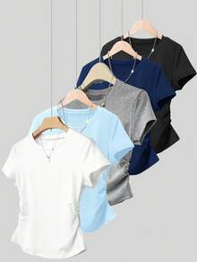 Women's Solid Color T-Shirt With Round Neck And Short Sleeves, Fashionable For Summer - Multicolor 3 - View 1