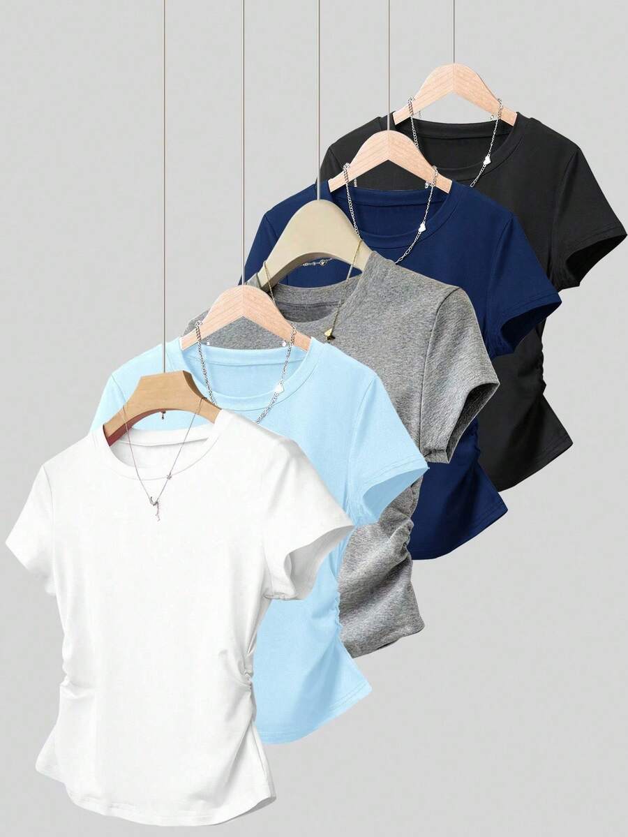 Women's Solid Color T-Shirt With Round Neck And Short Sleeves, Fashionable For Summer - Multicolor 3 - View 1