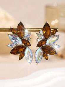 1 par de pendientes de mujer de lujo exagerados, elegantes y versátiles, de aleación bohemia con cristal y strass, de alta gama - Café blanco - Ver 3