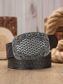 1pc Men's Western Style Large Buckle PU Leather Embossed Belt, Suitable For Jeans (Includes Hole Punching Nails) - BH1134 - View 5