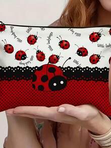 3pcs/1pc Ladybug Print Makeup Bag, Zipper Linen Material, Ladybug Pattern, Suitable For Home Daily Use, Gift, Business Trip And Leisure Travel - Multicolor - View 7
