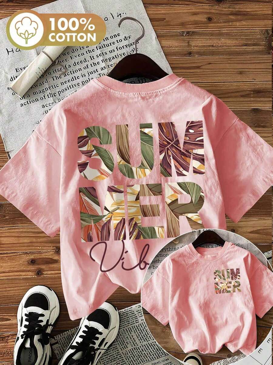 1 Piece, Y2K Retro T-Shirt Summer Vibes Printed Round-Neck Short-Sleeve T-Shirt For Women, Featuring A Tropical Plant And Leaf Design On Both Sides - 粉色 - 查看 1