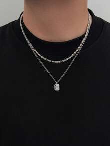 2pcs/Set Casual Retro Square Geometric Pendant Rhinestone Brooch Chain Charm Metal Necklace Set, Hip Hop Rock Design, Personalized Minimalist, Street Style, Wedding, Vacation, Banquet, Party, Daily, Holiday, Couple, Versatile Fashion Men's Necklace Gift - Necklace - View 12