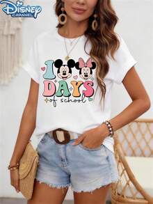 Disney  Cute, T-Shirt, Mickey And Minnie Mouse Design, Cotton Blend, Women's Casual Wear, One Size - White - View 4