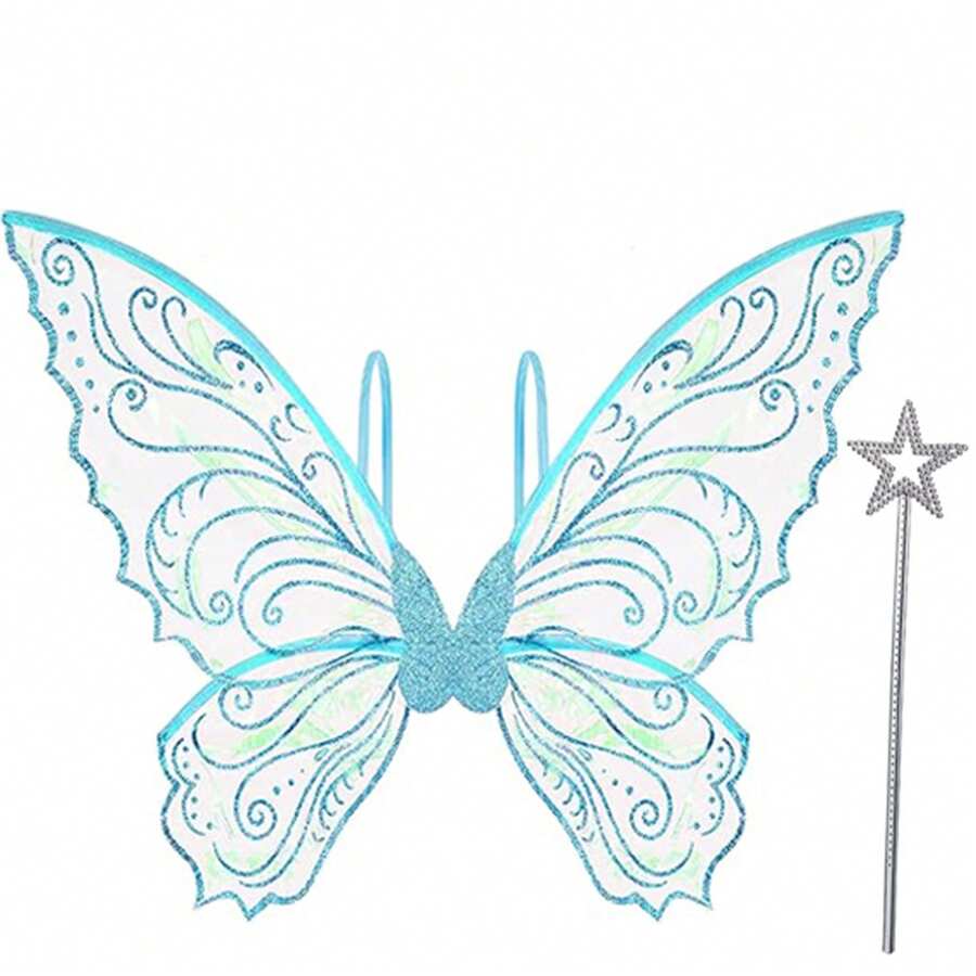 Sparkly Butterfly Fairy Wings, Iridescent Costume Accessory With Star Wand For Cosplay Kids Parties - Sky Blue - View 1