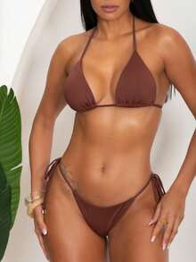 Triangle Bikini With Double Polyamide String Tie-Up Panties - Rust Brown - View 1
