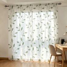 2 piezas Cortinas transparentes botánicas frescas con patrón de enredadera y hojas verdes, impresión plana 2D, ligeras y translúcidas, adecuadas tanto para salas de estar como para dormitorios. - Multicolor - 2 piezas - Ver 2