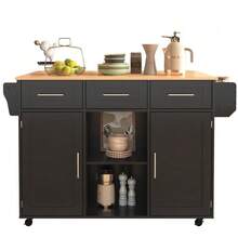 Dining Room Sideboard/Buffet 139 X 46 (71) X 91.5 Cm, Black Frame, Solid Wood Top With Wood Effect Finish, Drop-Leaf Top, Storage Door, Casters, Replaceable Solid Wood Legs, Ideal For The Dining Room And Kitchen. - Black - View 8