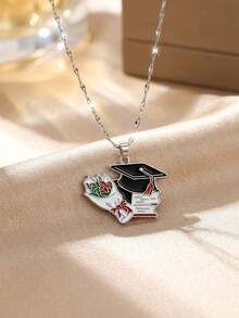1pc Fashionable Stainless Steel Chain Decor Graduation Cap With Diploma And Tassel, Suitable For 2026 Graduation Ceremony, Class Reunion, Friends Gathering, Siblings Gathering, Graduation Season And Back To School Season. Pendant Necklace, Suitable For Teens, College Students, Classmates, Friends, Siblings, Graduates. Graduation Season And Back To School Season Jewelry Accessory Gift. - Silver - View 5