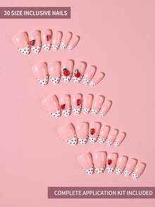 30pcs Short Almond Press-On Nails, 3D Gel Ladybug Pattern Design, White Polka Dot French Style, Set Includes: 1pc Jelly Glue And 1pc Nail File. Summer Nail Art. - Multicolor - View 3