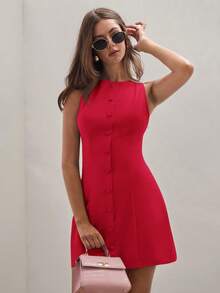 1 pieza casual mini de mujer de un solo botón, cuello redondo, sin mangas, de un solo color - Rojo - Ver 1