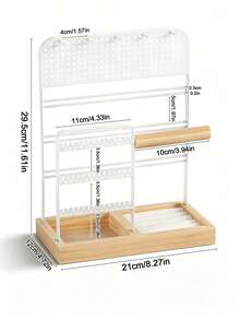 Jewelry Stand Holder Organizer, Jewelry Display Storage With Ring Tray, , Jewelry Display Stand With Metal Frame And Wood Velvet Tray, Necklace Earring Bracelet Holder, For Studs, Rings, Gift Idea, Home Room Dorm Decor For Teen Girls, Black / White - White - View 9