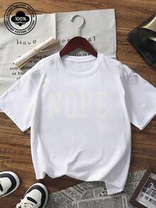 Unisex Casual Oversized Short Sleeve T-Shirt White Graphic Print 'NOPE.' Text Tee Daily Wear - White - View 6