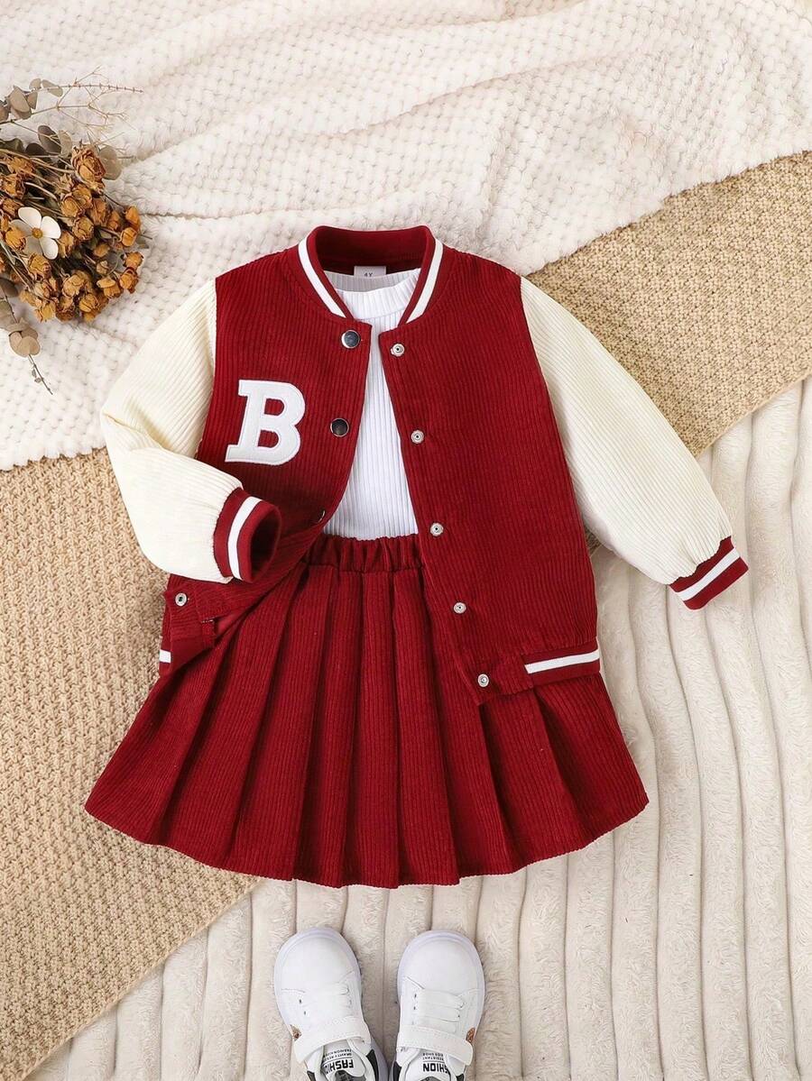 2pcs/Set Jaket Baseball dan Rok Korduroi untuk Anak Perempuan, Gaya Kampus, Musim Gugur/Dingin - Burgundy - View 1