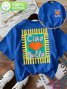 Women's Casual Blue Cotton T-Shirt With Ciao Bella Lip Print, Short Sleeve Round Neck Tee, Regular Length, Slightly Stretchy Fabric, Cute & Stylish - 藍色 - 查看 1