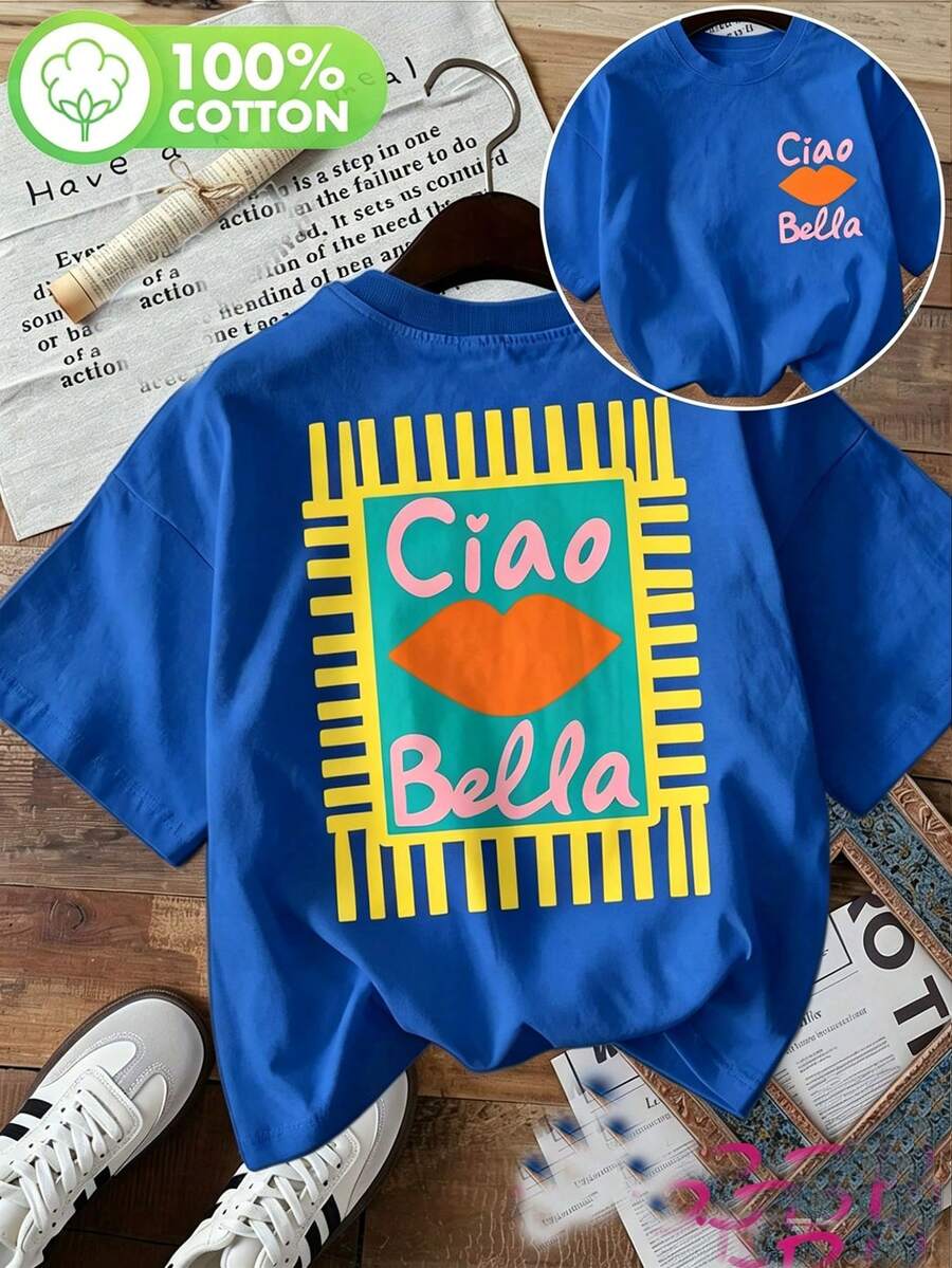 Women's Casual Blue Cotton T-Shirt With Ciao Bella Lip Print, Short Sleeve Round Neck Tee, Regular Length, Slightly Stretchy Fabric, Cute & Stylish - 藍色 - 查看 1