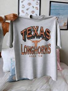 Texas Longhorn Graphic Tee Gameday Letter Print Green Cotton Loose Fit Short Sleeve Vintage Retro Streetwear Casual Apparel Women Men Unisex Tops - 灰色 - 查看 1