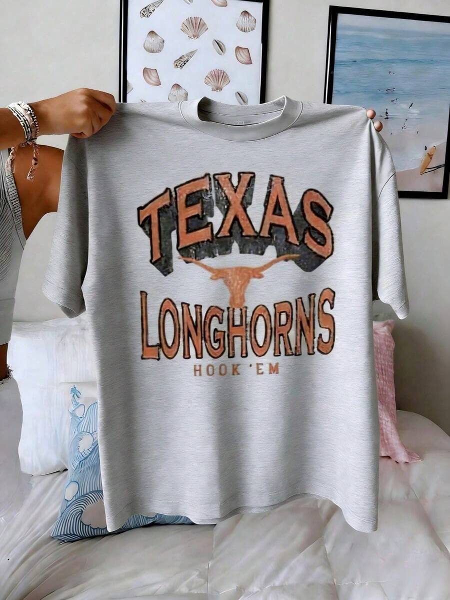 Texas Longhorn Graphic Tee Gameday Letter Print Green Cotton Loose Fit Short Sleeve Vintage Retro Streetwear Casual Apparel Women Men Unisex Tops - 灰色 - 查看 1