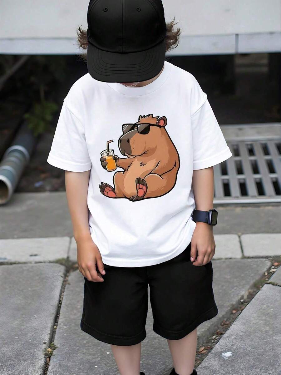 Basic Short-Sleeved T-Shirt With A Cute Capybara Graphic Print For Kids, In A Casual And Creative Style. - Army Green - View 1
