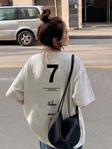 女款時尚寬鬆圓領休閒字母印花短袖T恤，夏季 - 淺花灰 - 查看 3
