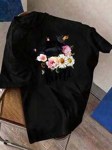 Men's Round Neck Short Sleeve, Summer Fashion Solid Color Breathable Comfortable Animal Floral Print Casual Versatile T Shirt For Daily Leisure - 黑色 - 查看 5