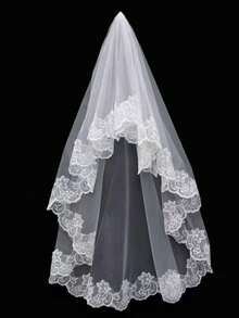 1pc Simple Elegant White Bridal Wedding Veil With Lace Trim For Romantic Atmosphere On Wedding Valentine's Day - White - View 3