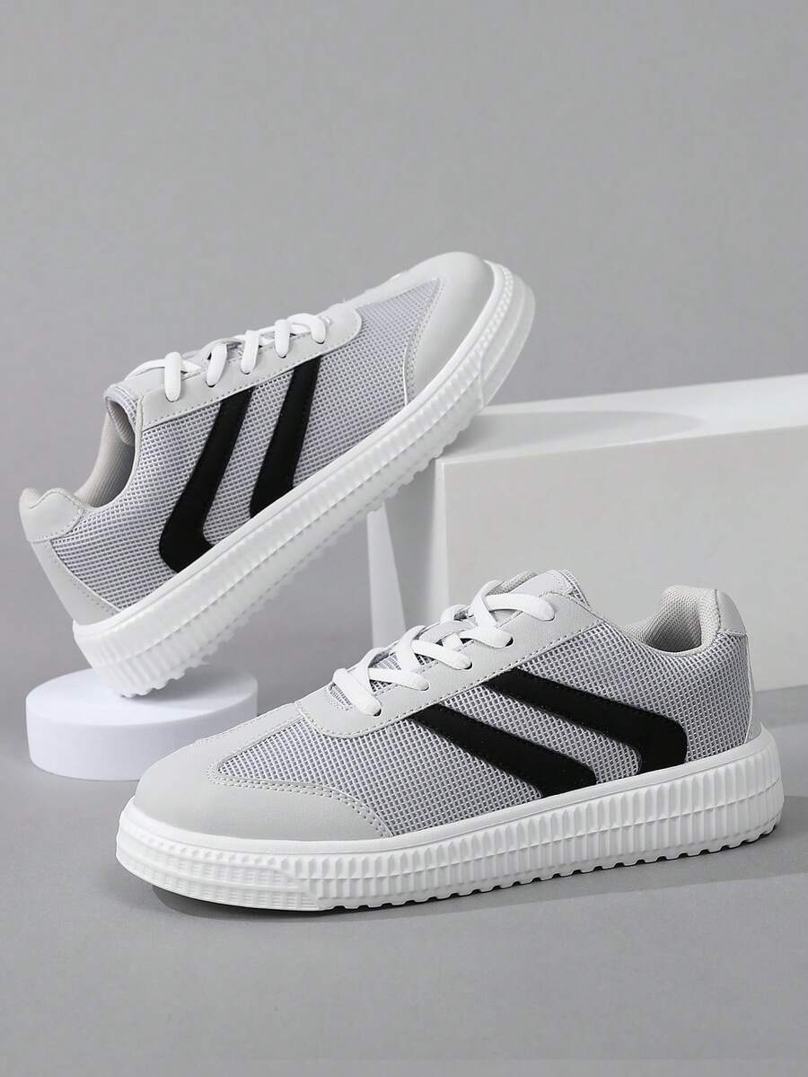 New Men's Skateboard Shoes, Fashionable Korean Style, All-Season Sports Shoes, Stylish Breathable White Shoes, Flat Skateboard Shoes, Multi-Functional Sports Shoes, 2000s Style Valentine's Day Creative - Light Grey - View 1