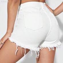 yonghongmaoyi1   Shorts vaqueros de mujer con bolsillos desgastados y deshilachados, de estilo casual - Gris Oscuro - Ver 5