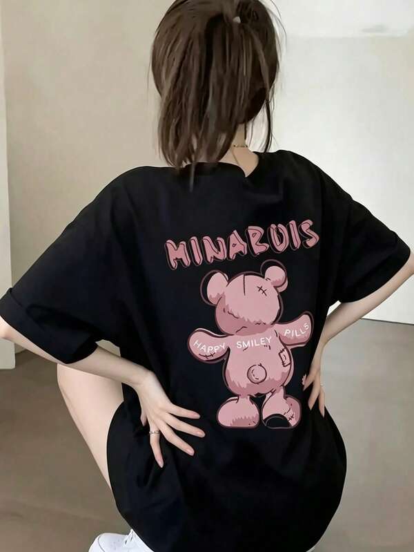 カジュアル レディース ブラック ニット生地 テディ グラフィック Tシャツ 韓国風 ラウンドネック ドロップショルダー 半袖 トップス