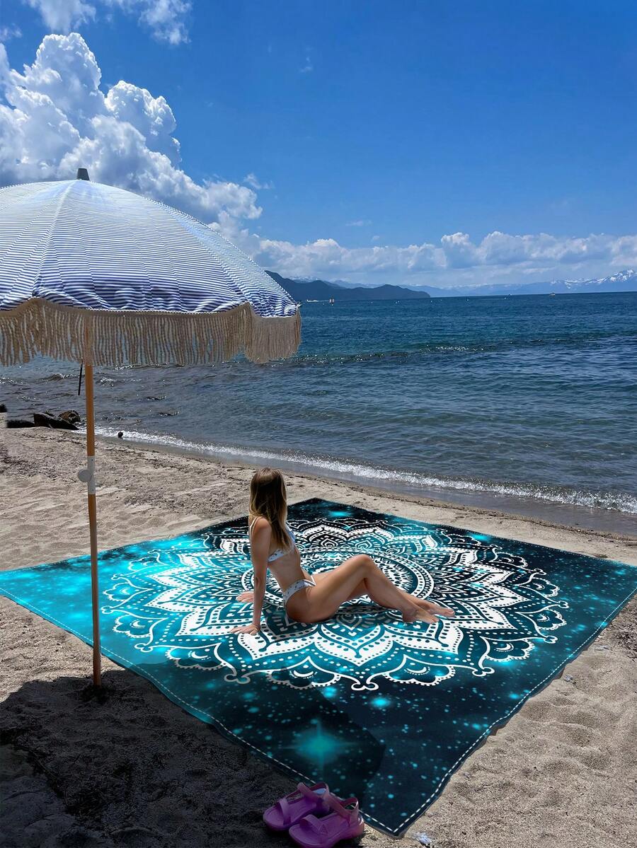 1pc New Outdoor Waterproof Sand-Proof Lightweight Fashionable Fresh Navy Blue Bohemian Beach Digital Print Pattern, Suitable For Camping, Outdoor Picnic Mat, Beach Towel - A - View 1
