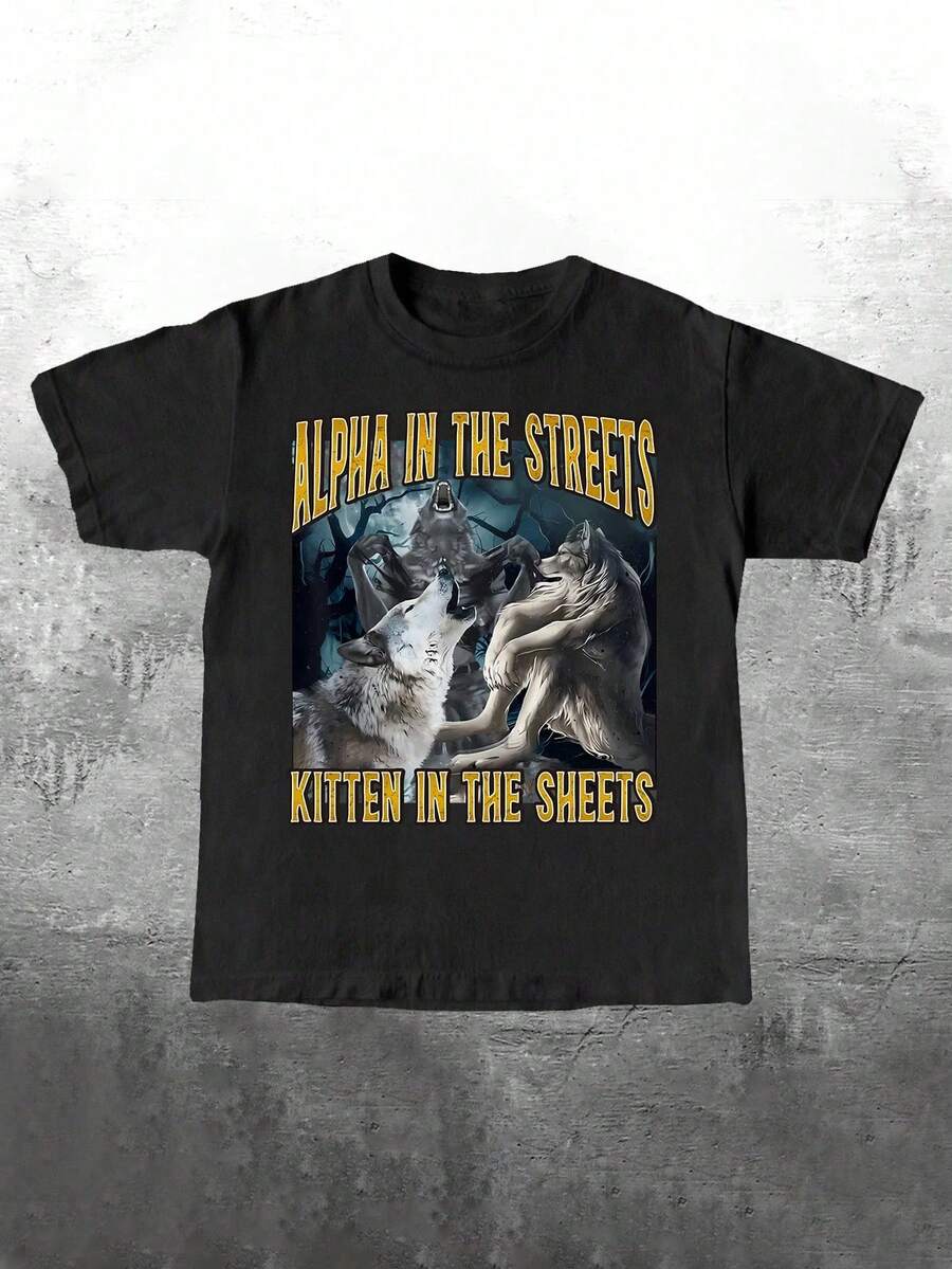 Manfinity Dauomo Men's Regular Fit T Shirt,Printed With Interesting Internet Memes"The Alpha Of The Streets,The Kitten On The Bed"Wolf Pattern. - 黑色 - 查看 1