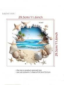 1pc Of Broken Wall Seaside Landscape Wall Sticker Summer Shell Starfish Beach Wall Decals PVC Self-Adhesive Detachable Wall Art Decor Easy To Peel And Paste Suitable For Home Decoration Bedroom Glass Decoration - Summer Beach Vibes - View 2
