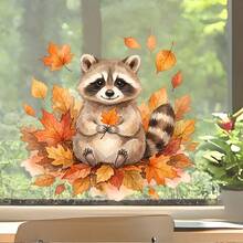 Pegatina de vinilo 2D plana de mapache de otoño con bufanda y hoja de arce | Calcomanía autoadhesiva para pared, adecuada para ventanas, paredes, diseño de dibujos animados caprichoso - A - Ver 11