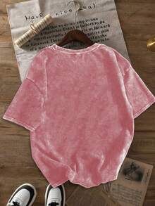 Camiseta de talla grande para mujer, con diseño divertido de gato amante del vino |   Top Casual Vintage Lavado de Talla Grande |   Camiseta con estampado de gafas de moda y corazón - Rojo - Ver 2