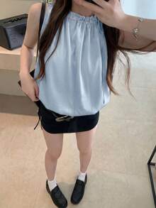 女款法式黑色波點高級緞面抽繩荷葉邊寬鬆背心，休閒夏季款 - 藍色 - 查看 5