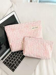 AGG Korean Style Heart Embroidery Striped Cosmetic Bag, Large Capacity Zipper Makeup Storage Bag, Portable Travel Toiletry Pouch Women Daily Use - Multicolor - View 5