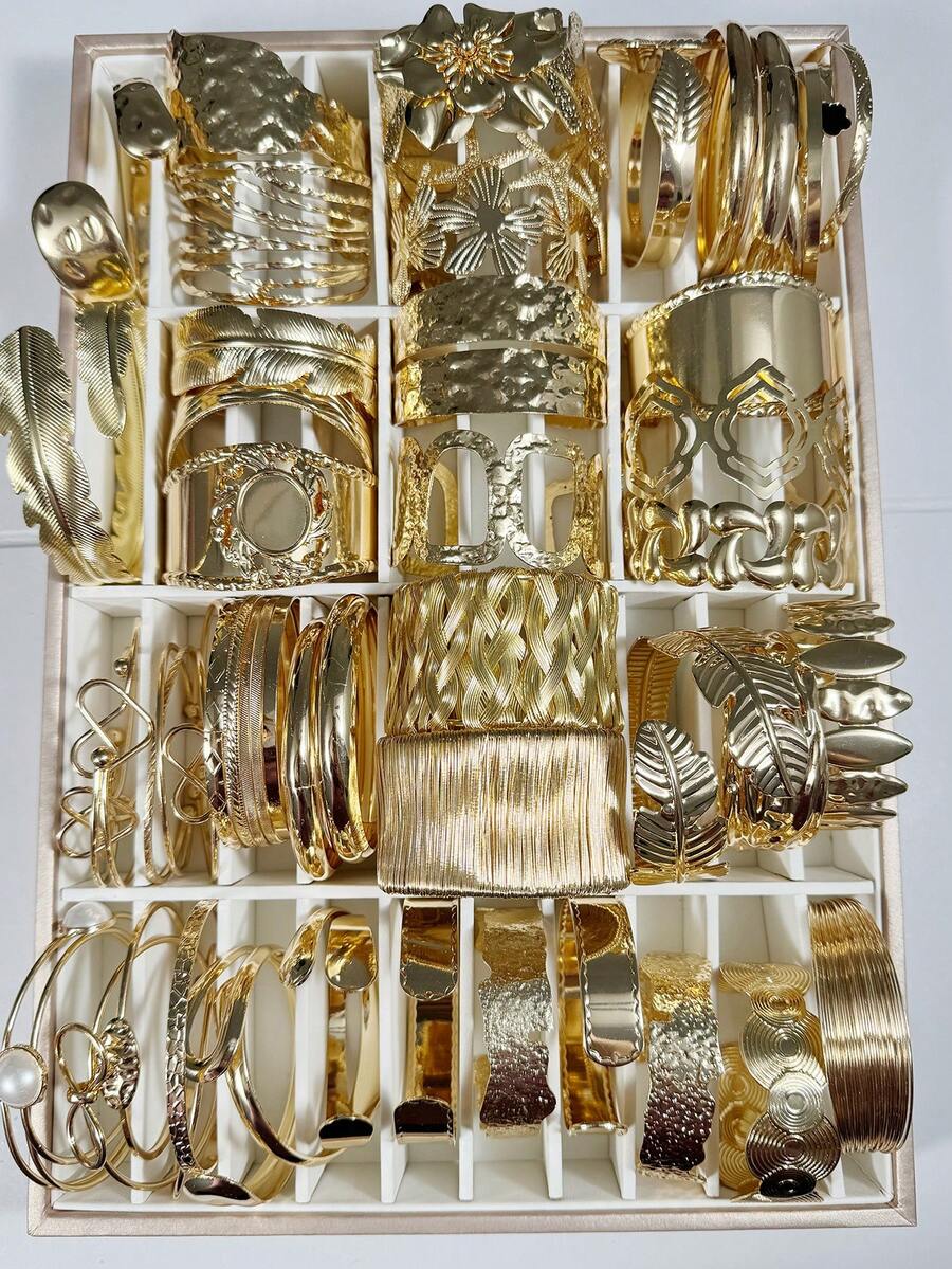 imoli 1件/組復古多款金屬色開口寬版葉花金屬疊戴手鐲套組，適合辦公室日常配戴、海灘派對女性飾品（混量、隨機款式）