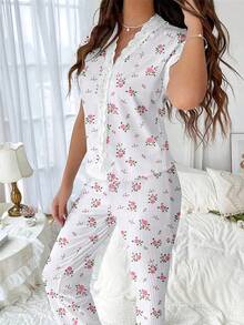 2件組優雅碎花女款睡衣套裝 V領蕾絲拼接家居服套裝 適合居家穿著 - 白色 - 查看 4