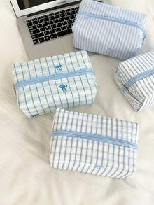 AGG 清新甜美條紋格紋刺繡蝴蝶結化妝包，女孩便攜式化妝包、繪圖包、筆袋、旅行工作小包、內層收納包、盥洗包、手提包、度假包 - 彩色 - 查看 8