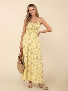 Women's All-Over Print Summer Sleeveless Knot Strap Dress - 黃色 - 查看 1