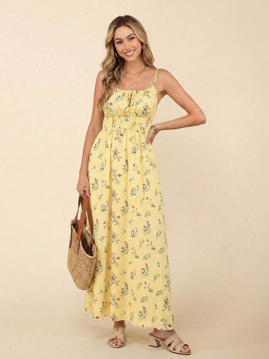 Women's All-Over Print Summer Sleeveless Knot Strap Dress - 黃色 - 查看 1