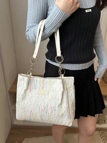 1pc Colorblock Striped Patchwork Polyester Large Capacity Zipper Fashion Shoulder Bag Suitable For Women's Daily Use - White - View 4