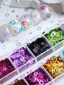 12 Grids Holographic Hollow Ring Nail Sequins, Multi-Color Iridescent Circle Donut Glitter Flakes, Ocean Mermaid Aesthetic Summer DIY Manicure Nail Art Supplies Nail Charms - Multicolor - View 3
