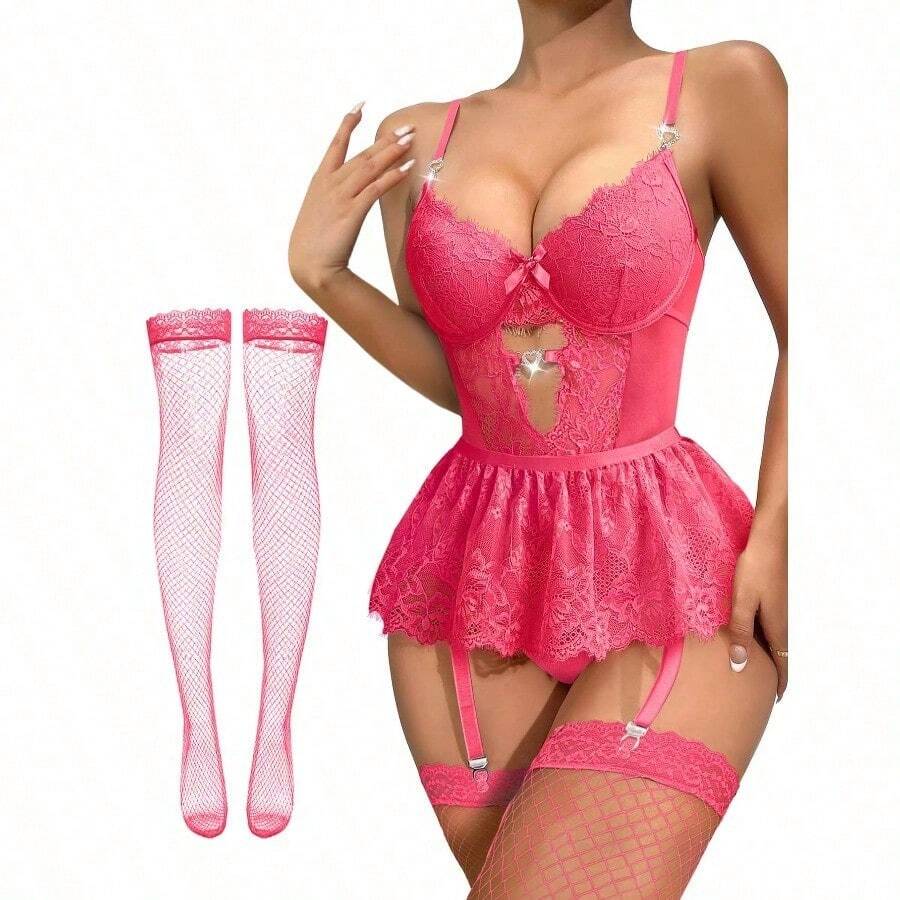 Lilosy Sexy Stocking Rhinestones Heart Garter Underwire Floral Mesh Lace Sheer Babydoll Lingerie Teddy Bodysuit Skirt Set - 玫紅色 - 查看 1