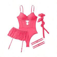 Lilosy Sexy Stocking Rhinestones Heart Garter Underwire Floral Mesh Lace Sheer Babydoll Lingerie Teddy Bodysuit Skirt Set - 玫紅色 - 查看 4