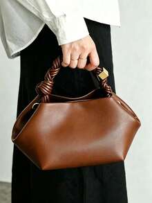 Women's Fashion Woven Knotted Soft Leather Solid Color Cloud Handbag - Brown - View 3