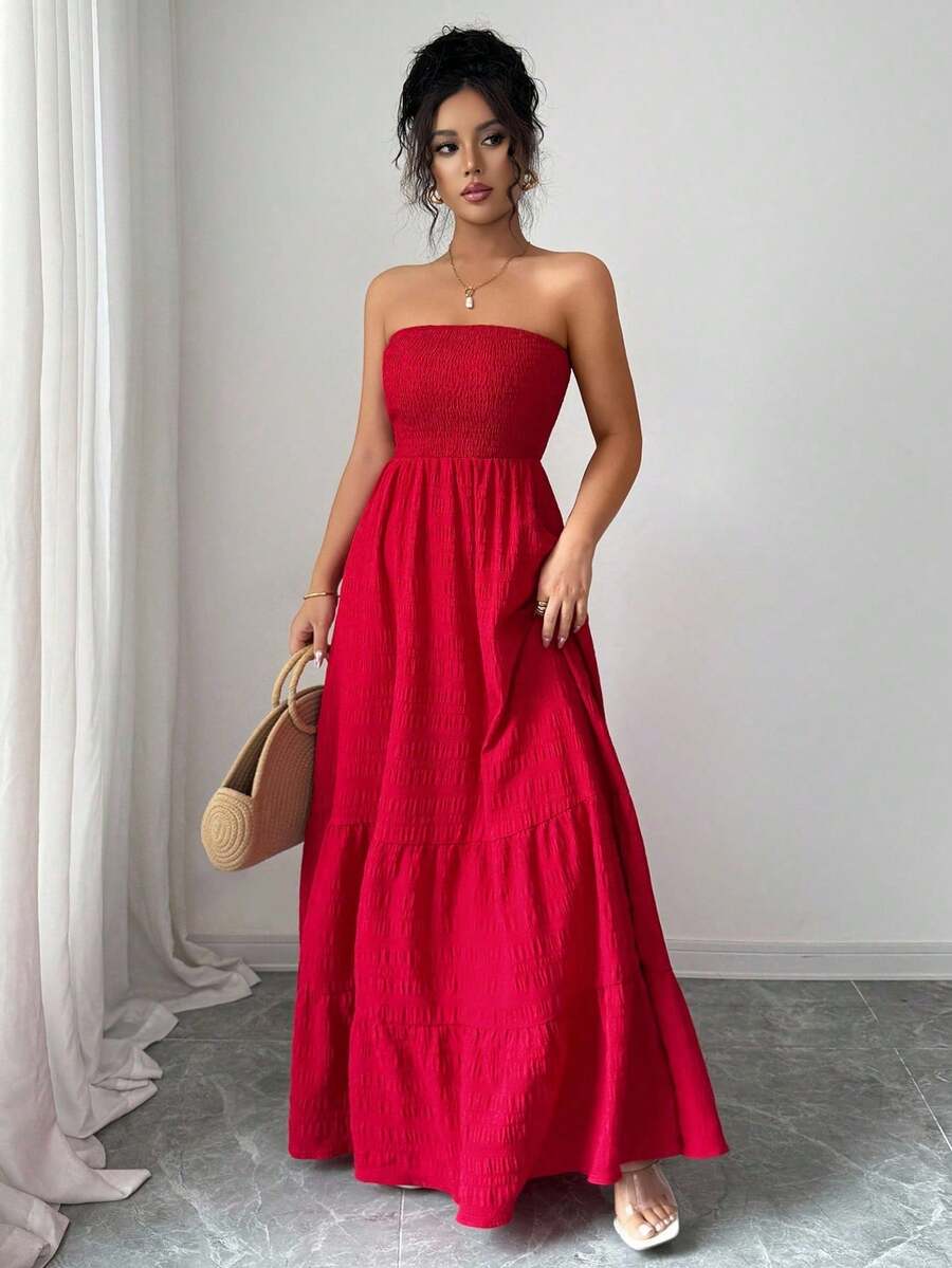 Vestido holgado de verano con volantes delanteros sin tirantes para mujer - Rojo - Ver 1