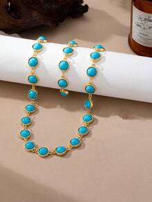 2pcs Bohemian Faux Turquoise Necklace & Bracelet Set, Gold Round Bezel Collarbone Chain, Women's Daily Versatile Accessory - Turquoise - View 2